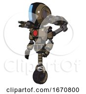 Poster, Art Print Of Android Containing Round Head And Large Vertical Visor And Light Chest Exoshielding And Red Chest Button And Minigun Back Assembly And Unicycle Wheel Desert Tan Painted Facing Right View