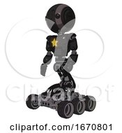 Poster, Art Print Of Robot Containing Round Head And Maru Eyes And Light Chest Exoshielding And Yellow Star And Six-Wheeler Base Toon Black Scribbles Sketch Facing Right View