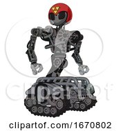 Poster, Art Print Of Mech Containing Grey Alien Style Head And Black Eyes And Triangle Design And Red Helmet And Heavy Upper Chest And No Chest Plating And Tank Tracks Patent Concrete Gray Metal Hero Pose