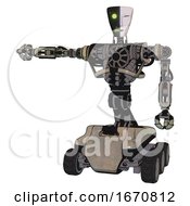 Poster, Art Print Of Mech Containing Humanoid Face Mask And Two-Face Black White Mask And Heavy Upper Chest And No Chest Plating And Six-Wheeler Base Grungy Fiberglass Arm Out Holding Invisible Object