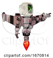 Poster, Art Print Of Mech Containing Old Computer Monitor And Pixel X And Light Chest Exoshielding And Red Energy Core And Stellar Jet Wing Rocket Pack And Jet Propulsion Grayish Pink Pointing Left Or Pushing A Button
