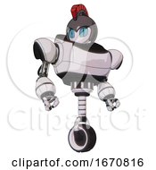 Automaton Containing Grey Alien Style Head And Blue Grate Eyes And Galea Roman Soldier Ornament And Gray Helmet And Heavy Upper Chest And Unicycle Wheel White Halftone Toon Hero Pose