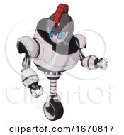 Automaton Containing Grey Alien Style Head And Blue Grate Eyes And Galea Roman Soldier Ornament And Gray Helmet And Heavy Upper Chest And Unicycle Wheel White Halftone Toon Fight Or Defense Pose