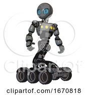 Robot Containing Grey Alien Style Head And Blue Grate Eyes And Light Chest Exoshielding And Yellow Chest Lights And Six-Wheeler Base Patent Concrete Gray Metal Hero Pose