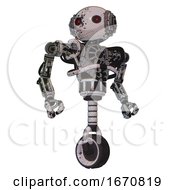 Poster, Art Print Of Mech Containing Oval Wide Head And Small Red Led Eyes And Steampunk Iron Bands With Bolts And Heavy Upper Chest And No Chest Plating And Unicycle Wheel Grunge Sketch Dots Hero Pose