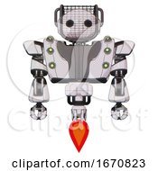 Poster, Art Print Of Robot Containing Oval Wide Head And Barbed Wire Visor Helmet And Heavy Upper Chest And Heavy Mech Chest And Green Cable Sockets Array And Jet Propulsion White Halftone Toon Front View