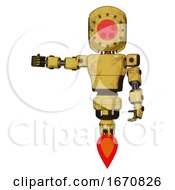 Poster, Art Print Of Mech Containing Round Head And Red Laser Crystal Array And Light Chest Exoshielding And Prototype Exoplate Chest And Jet Propulsion Construction Yellow Halftone Arm Out Holding Invisible Object