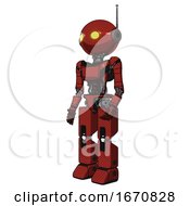 Poster, Art Print Of Bot Containing Oval Wide Head And Yellow Eyes And Retro Antenna With Light And Light Chest Exoshielding And Ultralight Chest Exosuit And Prototype Exoplate Legs Cherry Tomato Red Facing Right View