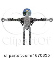 Poster, Art Print Of Robot Containing Grey Alien Style Head And Led Array Eyes And Triangle Design And Blue Helmet And Heavy Upper Chest And No Chest Plating And Ultralight Foot Exosuit Patent Concrete Gray Metal