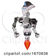 Poster, Art Print Of Automaton Containing Flat Elongated Skull Head And Visor And Heavy Upper Chest And No Chest Plating And Jet Propulsion White Halftone Toon Hero Pose