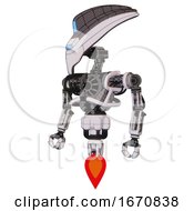 Poster, Art Print Of Automaton Containing Flat Elongated Skull Head And Visor And Heavy Upper Chest And No Chest Plating And Jet Propulsion White Halftone Toon Standing Looking Right Restful Pose