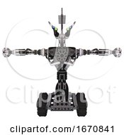 Poster, Art Print Of Automaton Containing Dual Retro Camera Head And Communications Array Head And Heavy Upper Chest And No Chest Plating And Tank Tracks White Halftone Toon T-Pose