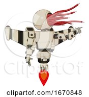 Poster, Art Print Of Automaton Containing Bright Red Jellyfish Tentacles Fiber Optic Design And Light Chest Exoshielding And Prototype Exoplate Chest And Stellar Jet Wing Rocket Pack And Jet Propulsion Off White Toon