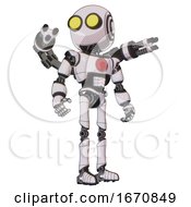 Poster, Art Print Of Robot Containing Round Head And Large Yellow Eyes And Light Chest Exoshielding And Red Chest Button And Minigun Back Assembly And Ultralight Foot Exosuit White Halftone Toon Hero Pose