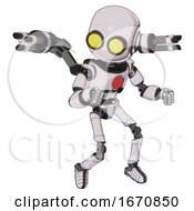 Poster, Art Print Of Robot Containing Round Head And Large Yellow Eyes And Light Chest Exoshielding And Red Chest Button And Minigun Back Assembly And Ultralight Foot Exosuit White Halftone Toon Fight Or Defense Pose