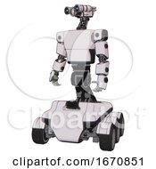 Poster, Art Print Of Droid Containing Dual Retro Camera Head And Simple Blue Telescopic Eye Head And Light Chest Exoshielding And Prototype Exoplate Chest And Six-Wheeler Base White Halftone Toon