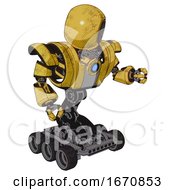Poster, Art Print Of Cyborg Containing Round Head And Heavy Upper Chest And Heavy Mech Chest And Blue Energy Fission Element Chest And Six-Wheeler Base Construction Yellow Halftone Fight Or Defense Pose