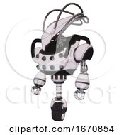 Poster, Art Print Of Droid Containing Flat Elongated Skull Head And Cables And Heavy Upper Chest And Chest Energy Sockets And Unicycle Wheel White Halftone Toon Standing Looking Right Restful Pose