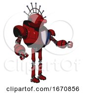 Poster, Art Print Of Robot Containing Oval Wide Head And Red Horizontal Visor And Techno Halo Ornament And Heavy Upper Chest And Blue Shield Defense Design And Ultralight Foot Exosuit Dark Red Interacting