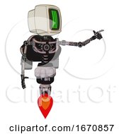 Poster, Art Print Of Bot Containing Old Computer Monitor And Three Lines Pixel Design And Light Chest Exoshielding And Rocket Pack And No Chest Plating And Jet Propulsion Gray Metal Pointing Left Or Pushing A Button