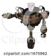 Poster, Art Print Of Robot Containing Humanoid Face Mask And Heavy Upper Chest And Chest Energy Sockets And Shoulder Headlights And Unicycle Wheel Old Copper Arm Out Holding Invisible Object