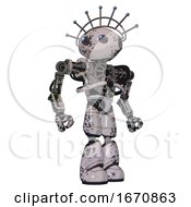 Poster, Art Print Of Droid Containing Oval Wide Head And Telescopic Steampunk Eyes And Techno Halo Ornament And Heavy Upper Chest And No Chest Plating And Light Leg Exoshielding Grunge Sketch Dots Hero Pose
