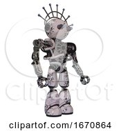 Poster, Art Print Of Droid Containing Oval Wide Head And Telescopic Steampunk Eyes And Techno Halo Ornament And Heavy Upper Chest And No Chest Plating And Light Leg Exoshielding Grunge Sketch Dots Facing Left View
