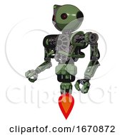 Poster, Art Print Of Cyborg Containing Oval Wide Head And Small Red Led Eyes And Green Led Ornament And Heavy Upper Chest And No Chest Plating And Jet Propulsion Grass Green Facing Right View