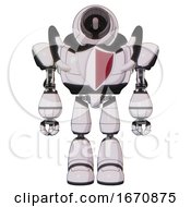 Poster, Art Print Of Android Containing Cable Connector Head And Heavy Upper Chest And Red Shield Defense Design And Light Leg Exoshielding White Halftone Toon Front View