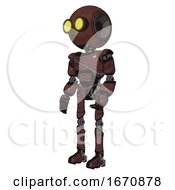 Poster, Art Print Of Cyborg Containing Round Head And Large Yellow Eyes And Light Chest Exoshielding And Cable Sash And Ultralight Foot Exosuit Steampunk Copper Facing Right View