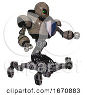 Poster, Art Print Of Droid Containing Grey Alien Style Head And Green Inset Eyes And Heavy Upper Chest And Blue Shield Defense Design And Insect Walker Legs Patent Khaki Metal Interacting