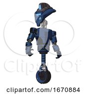 Poster, Art Print Of Robot Containing Flat Elongated Skull Head And Visor And Light Chest Exoshielding And Prototype Exoplate Chest And Unicycle Wheel Dark Blue Halftone Hero Pose
