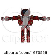 Poster, Art Print Of Cyborg Containing Digital Display Head And Circle Eyes And Winglets And Heavy Upper Chest And Heavy Mech Chest And Green Cable Sockets Array And Prototype Exoplate Legs Grunge Dots Dark Red T-Pose