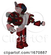 Poster, Art Print Of Cyborg Containing Digital Display Head And Circle Eyes And Winglets And Heavy Upper Chest And Heavy Mech Chest And Green Cable Sockets Array And Prototype Exoplate Legs Grunge Dots Dark Red