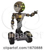 Poster, Art Print Of Droid Containing Round Head And Green Eyes Array And Head Light Gadgets And Light Chest Exoshielding And Yellow Star And Tank Tracks Desert Tan Painted Pointing Left Or Pushing A Button