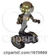 Poster, Art Print Of Droid Containing Round Head And Green Eyes Array And Head Light Gadgets And Light Chest Exoshielding And Yellow Star And Tank Tracks Desert Tan Painted Fight Or Defense Pose