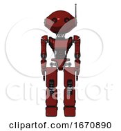 Poster, Art Print Of Robot Containing Oval Wide Head And Small Red Led Eyes And Retro Antenna With Light And Light Chest Exoshielding And Ultralight Chest Exosuit And Prototype Exoplate Legs Matted Red Front View