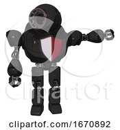 Poster, Art Print Of Bot Containing Round Head And Three Lens Sentinel Visor And Heavy Upper Chest And Red Shield Defense Design And Prototype Exoplate Legs Dirty Black Pointing Left Or Pushing A Button