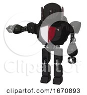 Poster, Art Print Of Bot Containing Round Head And Three Lens Sentinel Visor And Heavy Upper Chest And Red Shield Defense Design And Prototype Exoplate Legs Dirty Black Arm Out Holding Invisible Object