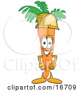 Orange Carrot Mascot Cartoon Character Wearing A Yellow Hardhat