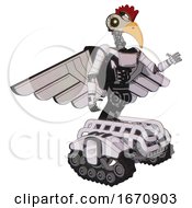 Automaton Containing Bird Skull Head And Yellow Led Protruding Eyes And Chicken Design And Light Chest Exoshielding And Ultralight Chest Exosuit And Pilots Wings Assembly And Tank Tracks
