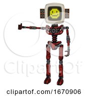 Automaton Containing Old Computer Monitor And Pixel Design Of Yellow Happy Face And Old Retro Speakers And Light Chest Exoshielding And No Chest Plating And Ultralight Foot Exosuit