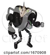Poster, Art Print Of Automaton Containing Bird Skull Head And Green Eyes And Heavy Upper Chest And Chest Energy Gun And Ultralight Foot Exosuit Dirty Black Fight Or Defense Pose