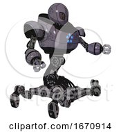 Poster, Art Print Of Cyborg Containing Grey Alien Style Head And Metal Grate Eyes And Heavy Upper Chest And Circle Of Blue Leds And Insect Walker Legs Light Lavender Metal Interacting