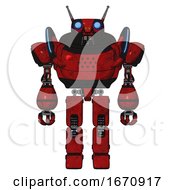 Poster, Art Print Of Automaton Containing Dual Retro Camera Head And Cyborg Antenna Head And Heavy Upper Chest And Blue Strip Lights And Prototype Exoplate Legs Red Blood Grunge Material Front View