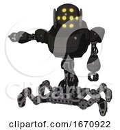 Poster, Art Print Of Droid Containing Round Head And Yellow Eyes Array And Heavy Upper Chest And Insect Walker Legs Dirty Black Arm Out Holding Invisible Object