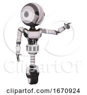 Poster, Art Print Of Cyborg Containing Round Head And Maru Eyes And Light Chest Exoshielding And Ultralight Chest Exosuit And Unicycle Wheel White Halftone Toon Pointing Left Or Pushing A Button