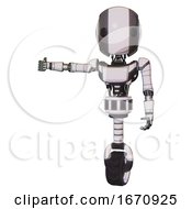 Cyborg Containing Round Head And Maru Eyes And Light Chest Exoshielding And Ultralight Chest Exosuit And Unicycle Wheel White Halftone Toon Arm Out Holding Invisible Object
