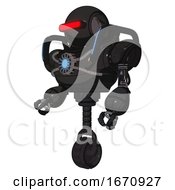 Poster, Art Print Of Cyborg Containing Round Head And Horizontal Red Visor And Heavy Upper Chest And Chest Blue Energy Core And Blue Strip Lights And Unicycle Wheel Dirty Black Facing Right View