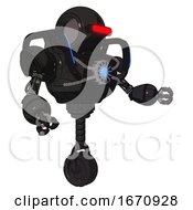 Poster, Art Print Of Cyborg Containing Round Head And Horizontal Red Visor And Heavy Upper Chest And Chest Blue Energy Core And Blue Strip Lights And Unicycle Wheel Dirty Black Interacting